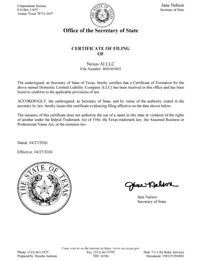 Certificate of Formation — click to enlarge
